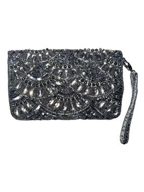 Stunning Silver and Gray Beaded Aldo MCM-Style Wristlet Clutch Purse